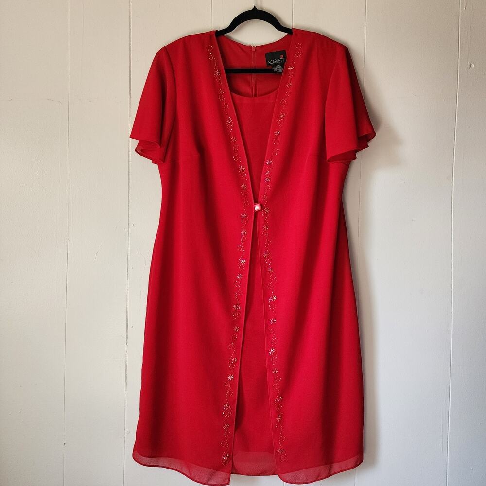 Vintage 90s Scarlett Mini Dress Womens Plus 16 Red Bead Trim Flutter Sleeve 2-Pc